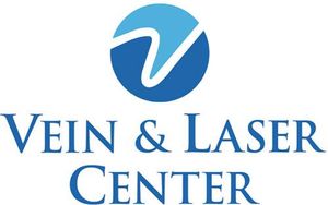 Logo of Vein & Laser Center. Blue circle with white, stylized "V" above blue text.