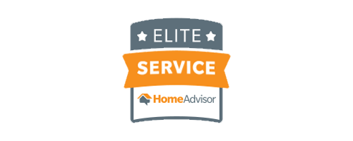 HomeAdvisor Elite Service badge with orange banner and dark gray background.