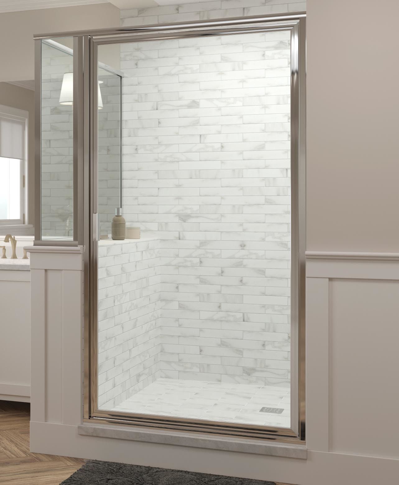 Modern bathroom with a glass shower door and white tile walls