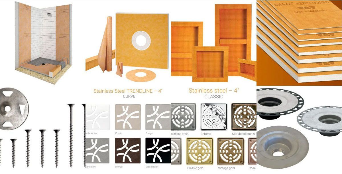 Collage of metal mounting plates, fasteners, and orange acoustic panels with cutouts and hardware parts.