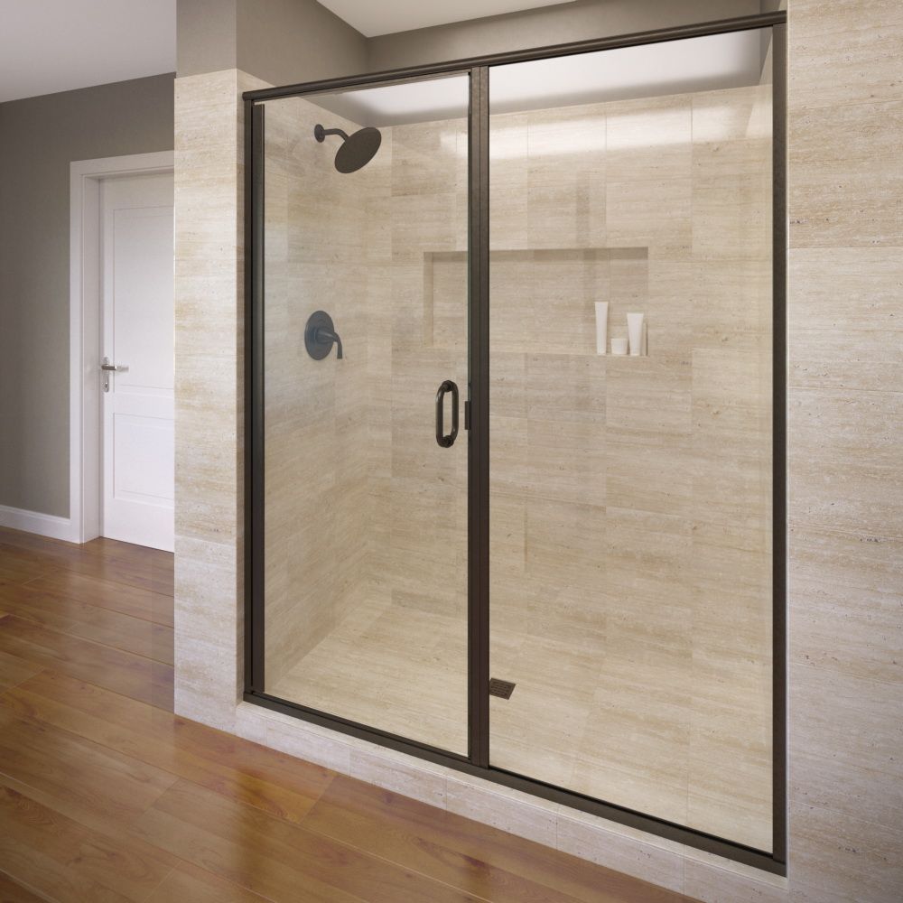 Black-framed glass shower enclosure in a modern bathroom with beige tile and wood flooring