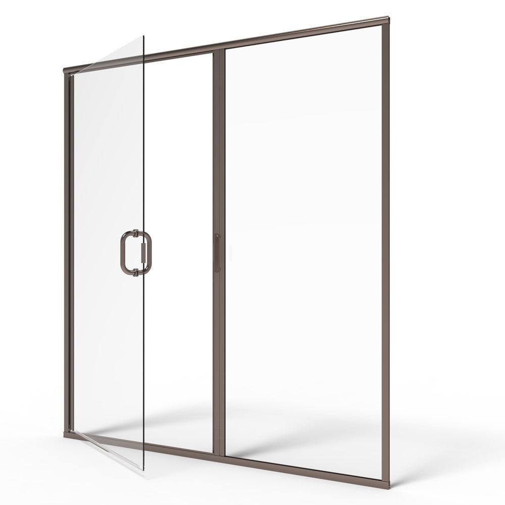 Modern sliding glass shower door with bronze frame and round handle