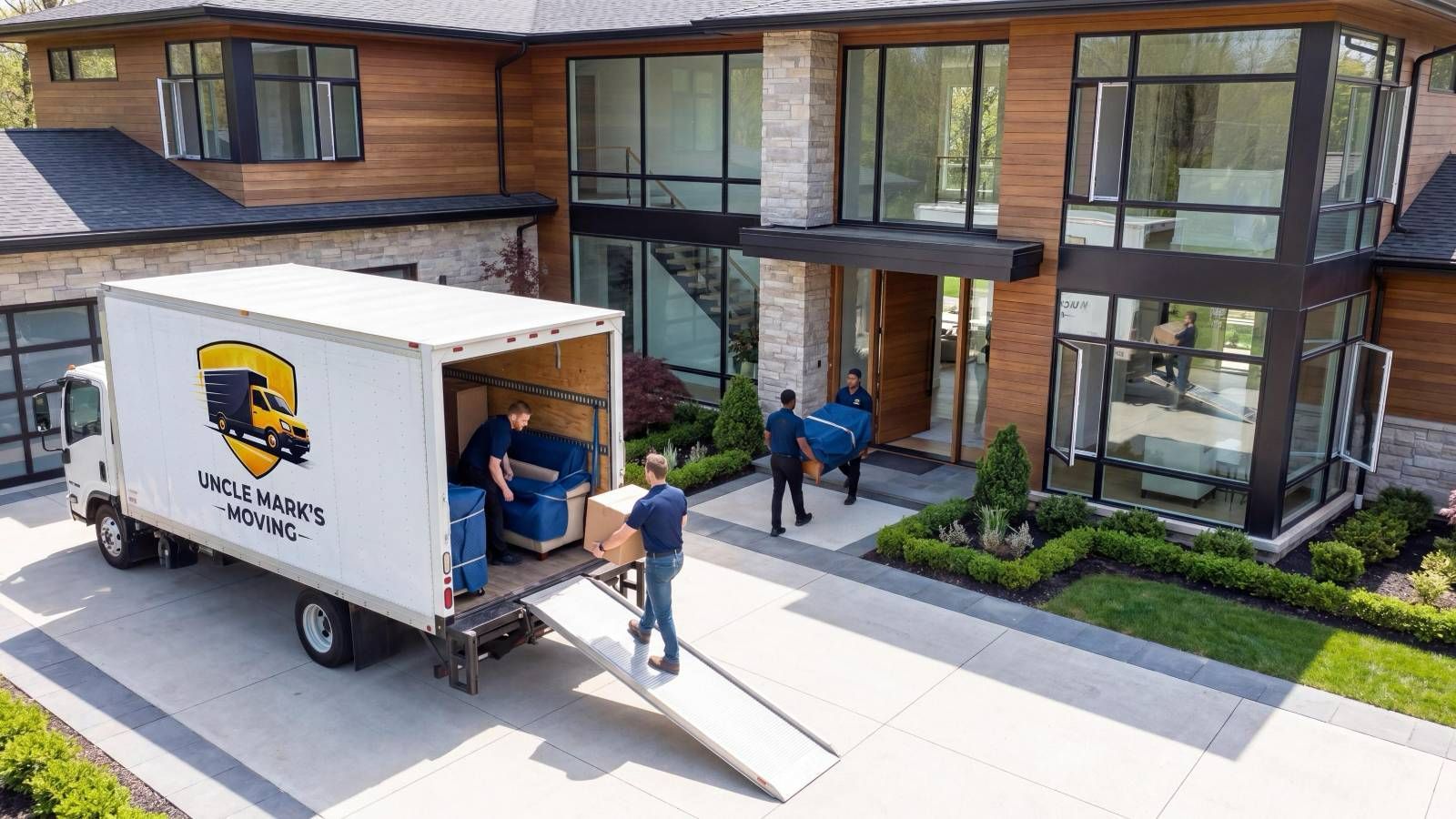 Delivery workers unload boxes from a moving truck at a modern office building entrance.