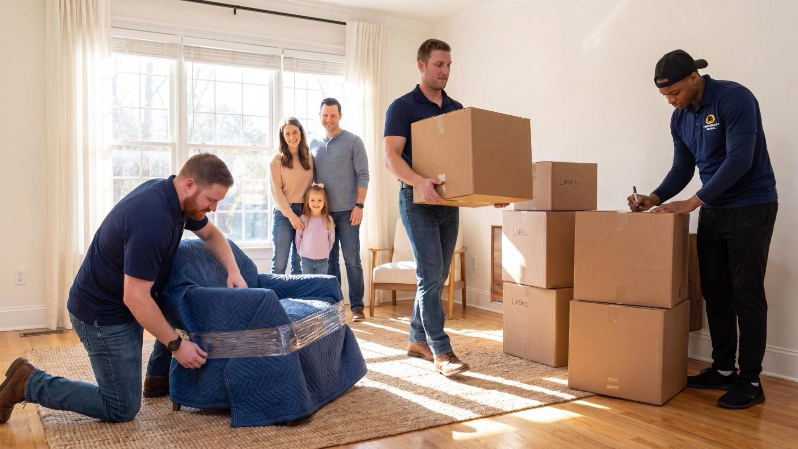 Movers unpacking boxes in a bright living room while a family stands nearby