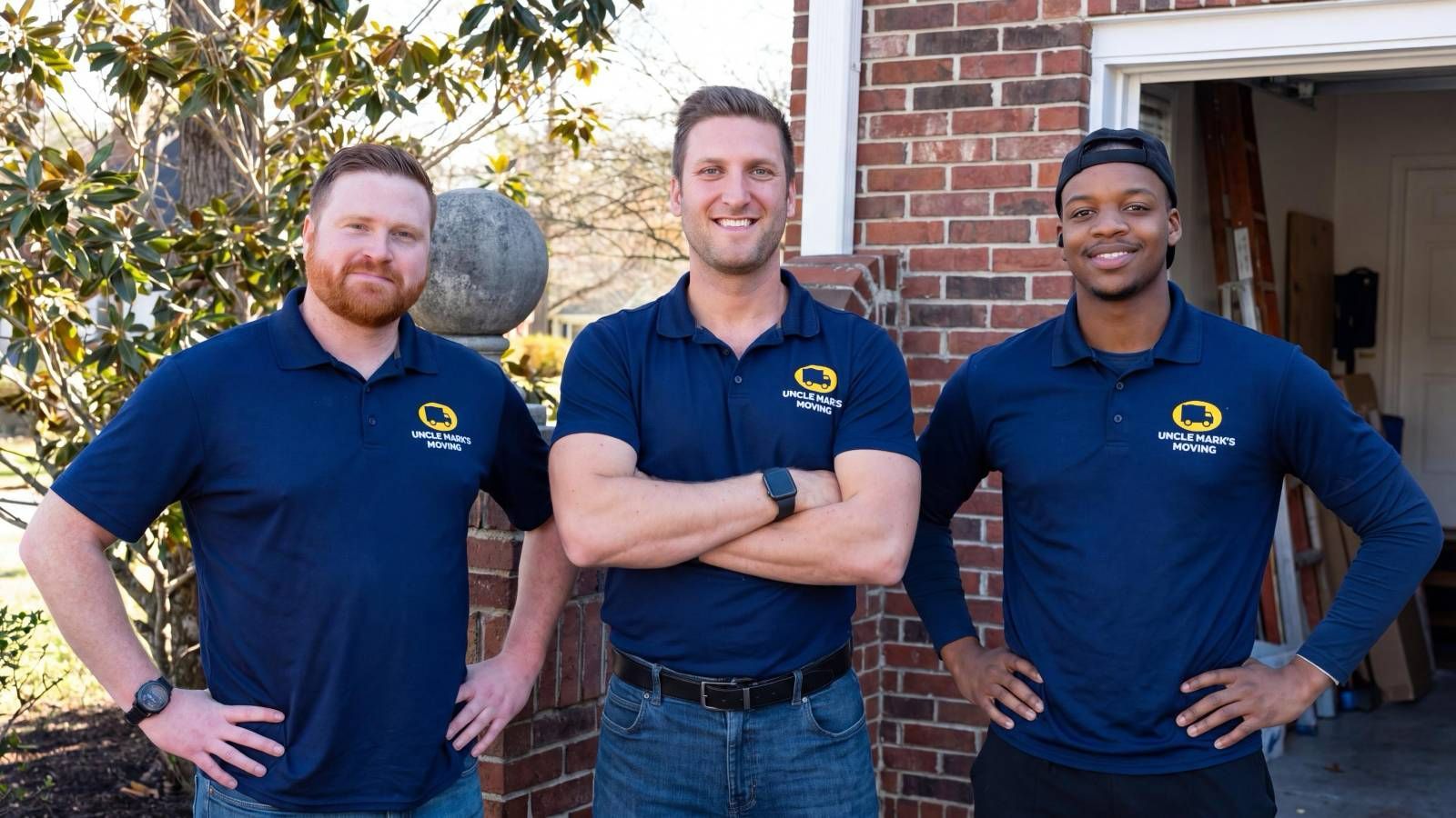 Three people in navy shirts standing outside a brick building, smiling at the camera.