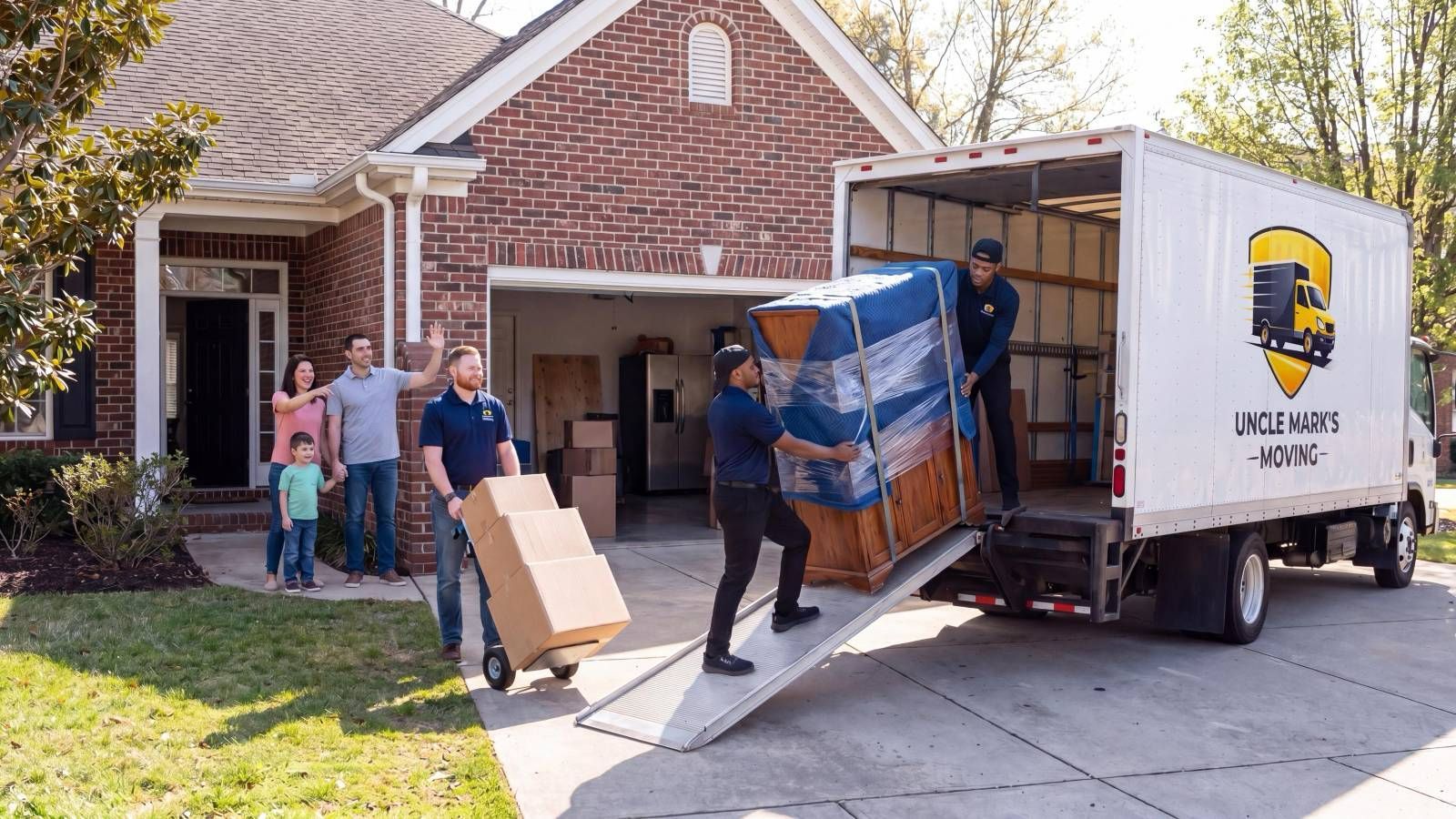 Movers loading furniture into a truck outside a brick suburban house