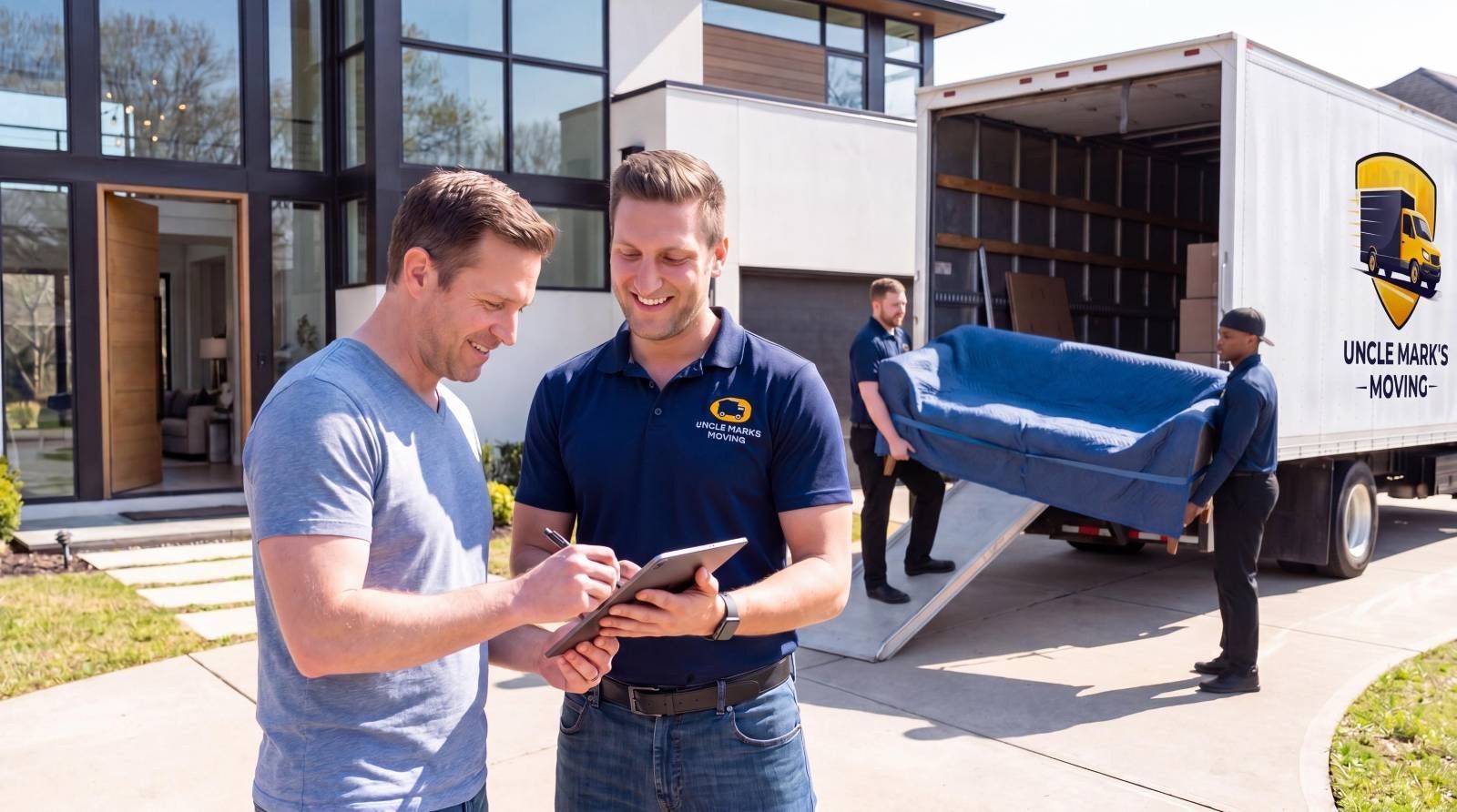 Two men review a phone beside a moving truck at a house, with a couch being unloaded behind them.