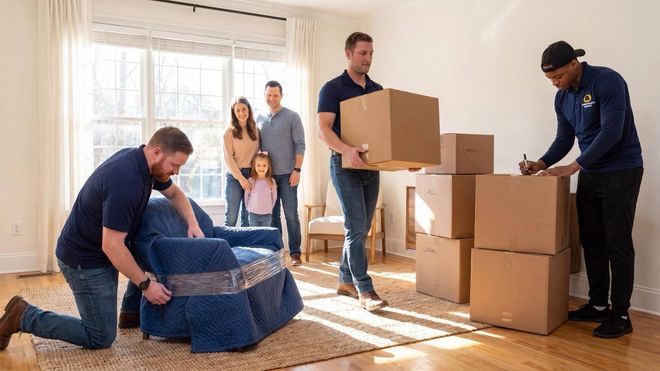 Boxes stacked in a living room in front of a sofa, ready for moving.