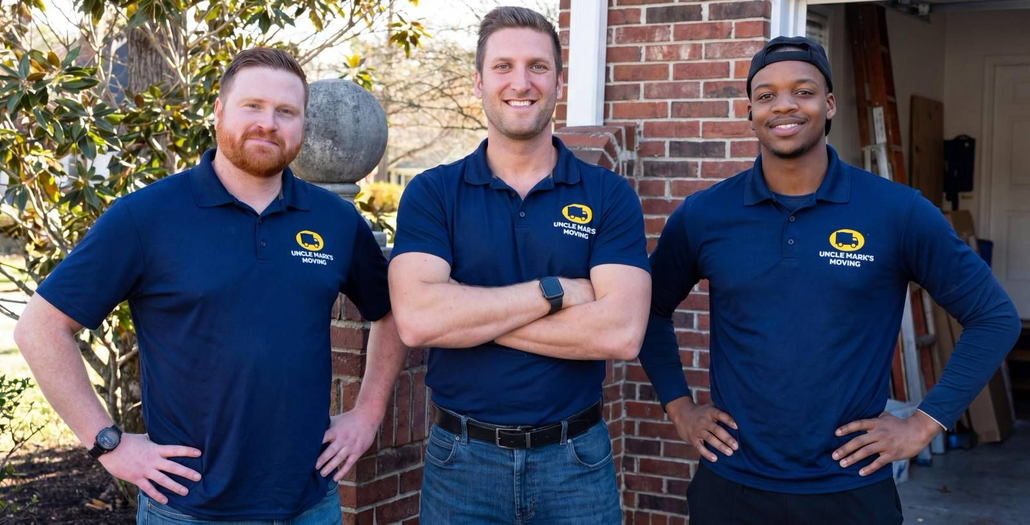Three people in matching navy shirts standing outdoors by a brick building, smiling at the camera.
