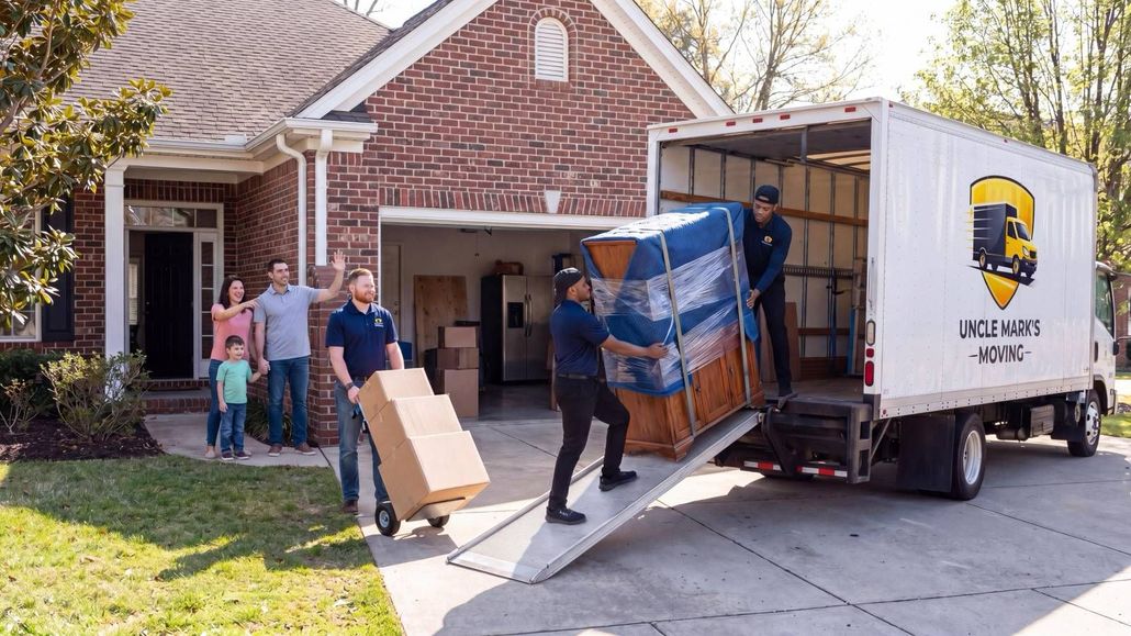 Movers unloading furniture from a truck into a brick house driveway