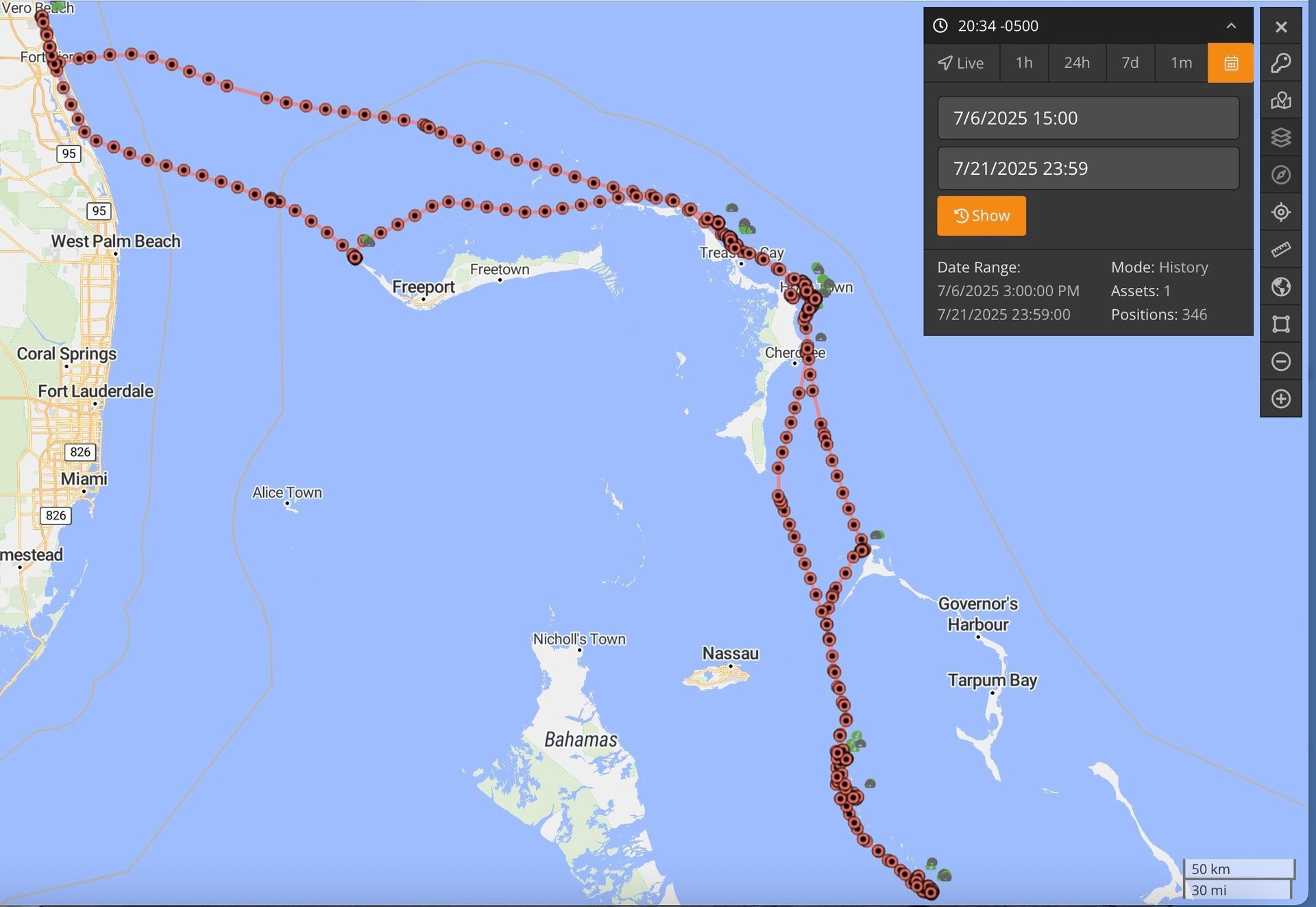 Map showing The 2025 Grady Bunch Bahamas trip path