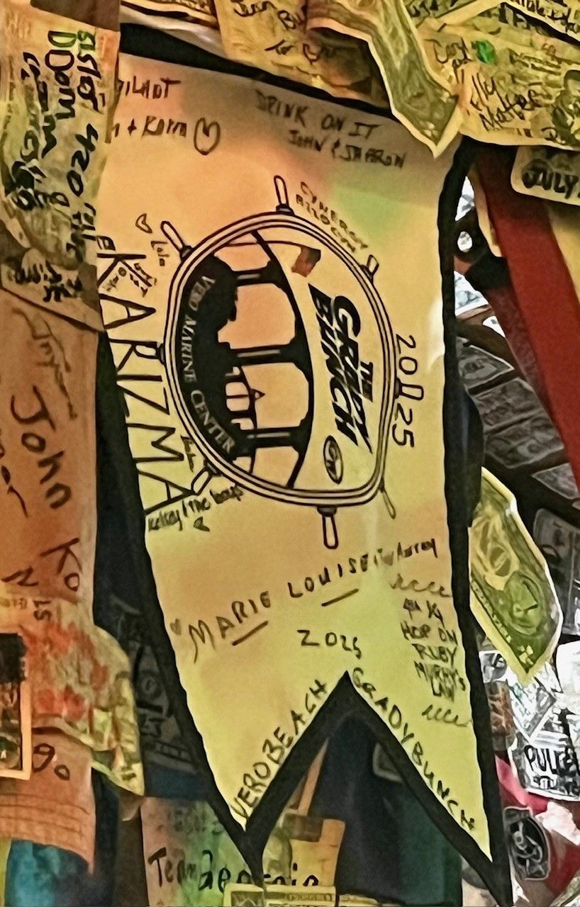 The 2025 Grady Bunch Burgee hanging up in The Green Turtle Club