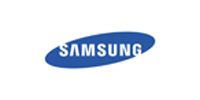Samsung logo in white on a blue oval background