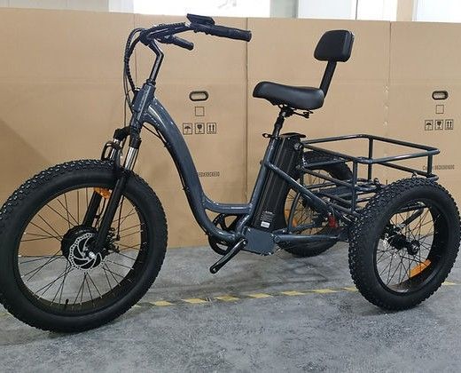 A three wheeled bicycle is sitting in front of a cardboard box.
