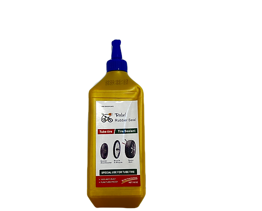 A yellow bottle of tire sealant with a blue cap