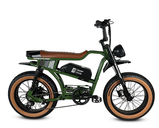 A green electric motorcycle with a brown seat on a white background.