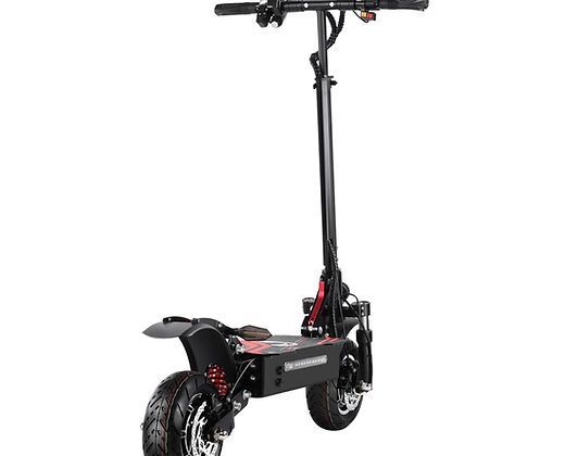 A black electric scooter is sitting on a white surface.