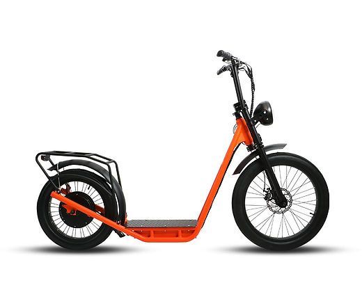 An orange and black electric scooter on a white background.