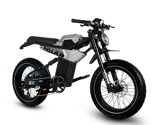 A black and white motorcycle with the word falkn on the front