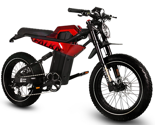 A red and black motorcycle with a large tire on a white background
