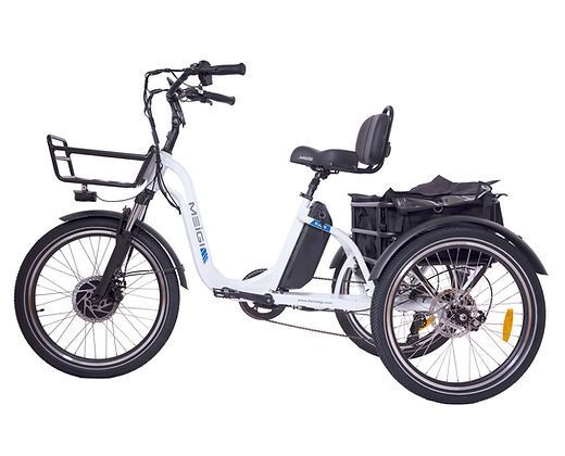 A white electric tricycle with a basket on the front.