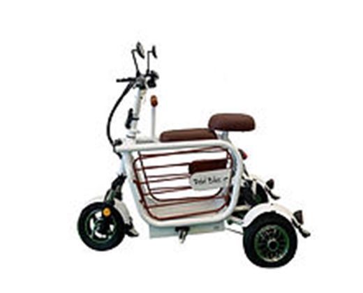 A white scooter with three wheels and a basket on the back.