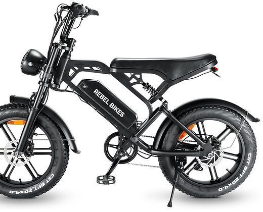 A black rebel bikes electric bike with a large tire on a white background.