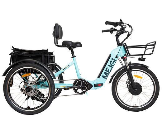 A blue meigi electric tricycle with a basket on the back.