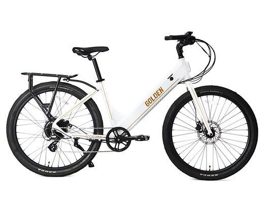 A white bicycle with a black tire on a white background.
