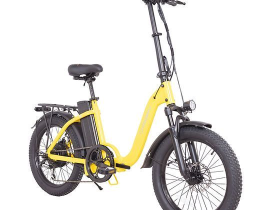 A yellow folding electric bike with a black seat on a white background.
