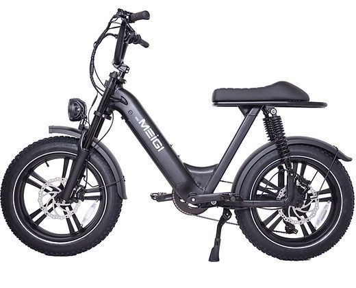A black electric bike with a seat on it is on a white background.