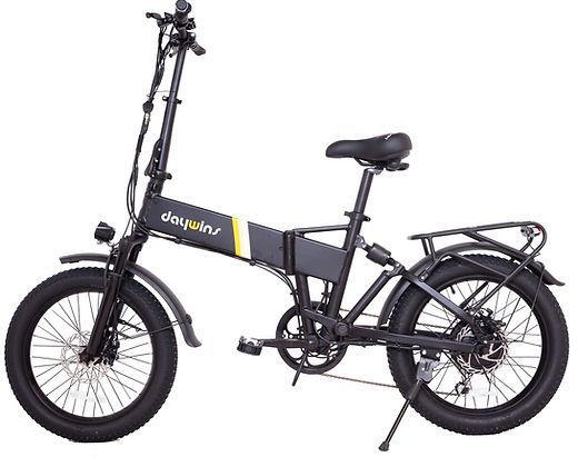A black folding electric bike with a large tire on a white background.