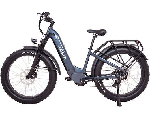 A blue electric bike with a large tire on a white background.