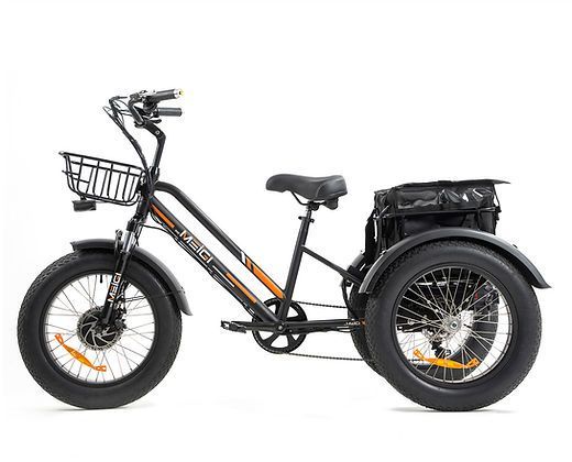 A black and orange electric tricycle with a basket on the front.