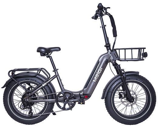 A gray electric bike with a basket on the front.