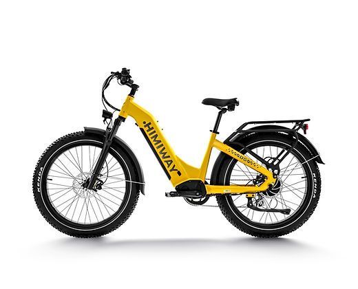 A yellow electric bike is sitting on a white surface.
