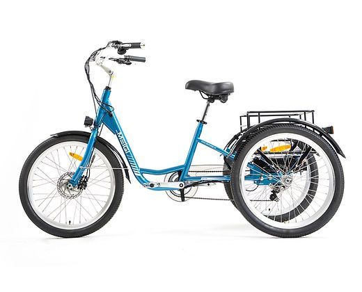 A blue tricycle with three wheels on a white background.