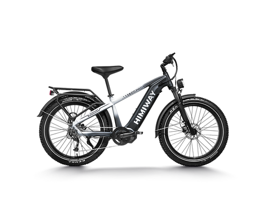 A black and white electric bike with a rear rack on a white background.