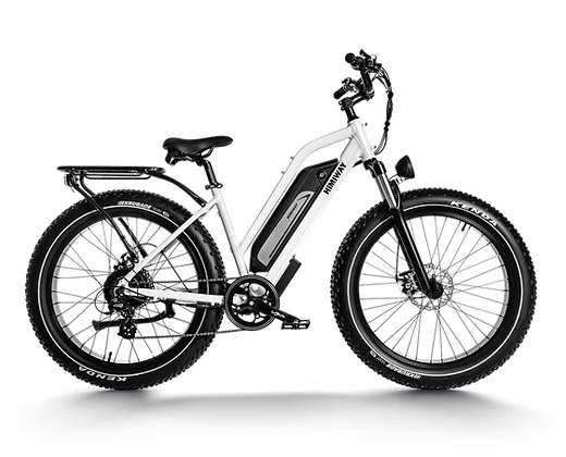 A white electric bike is sitting on a white surface.