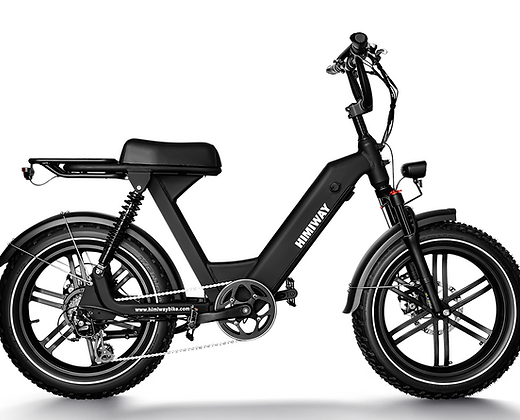 A black electric scooter is sitting on a white surface.