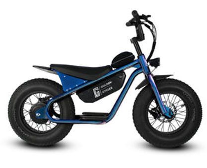 A blue and black electric scooter with a large tire on a white background.