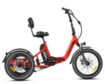 A red bicycle with three wheels and a seat on a white background.