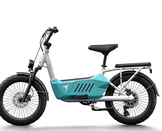 A blue and white scooter with a black seat on a white background