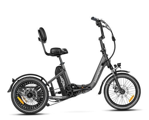A black electric tricycle with a backrest on a white background.