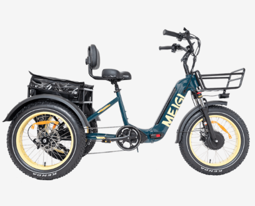 A blue and yellow bicycle with the word meigi on it