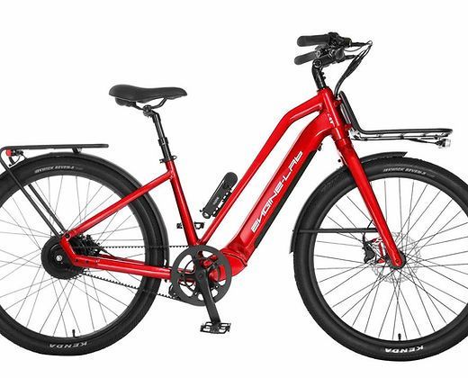 A red bicycle with a black fender on a white background.
