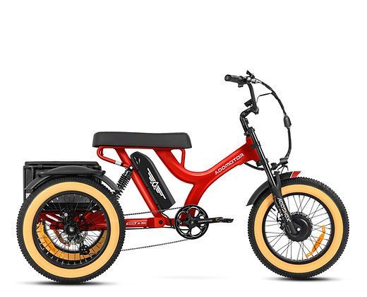 A red electric tricycle with three wheels on a white background.