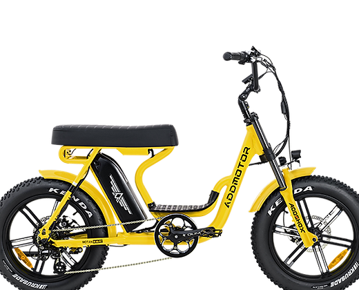 A yellow electric scooter with a black seat on a white background.