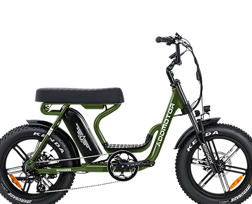 A green electric scooter with a black seat on a white background.