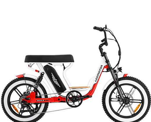 A red and white electric bike with white tires and a battery.